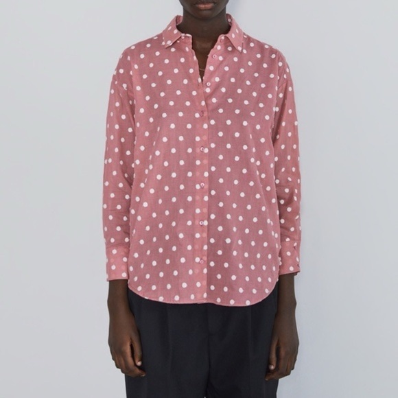 ZARA Embroidered Big Polka Dot Button-Down Top Pink White Lightweight Blouse XS - Picture 2 of 7